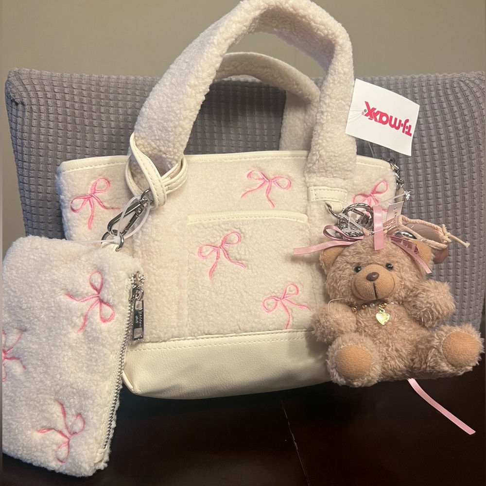 Steve Madden Sherpa Bow Tote Bag with Teddy Bear Charm and Wallet